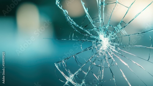 Detailed close-up view of a shattered glass surface highlighting intricate fractures and reflections in a soft-focus background, evoking a sense of fragility and impermanence