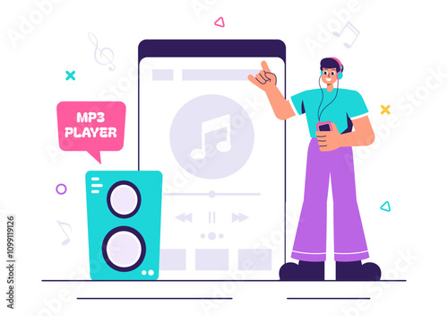 MP3 Player Vector Illustration featuring Musical Notations, Headphones, Headset, and Mobile App Devices for Music Listening on a Flat Background