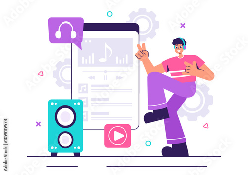 MP3 Player Vector Illustration featuring Musical Notations, Headphones, Headset, and Mobile App Devices for Music Listening on a Flat Background