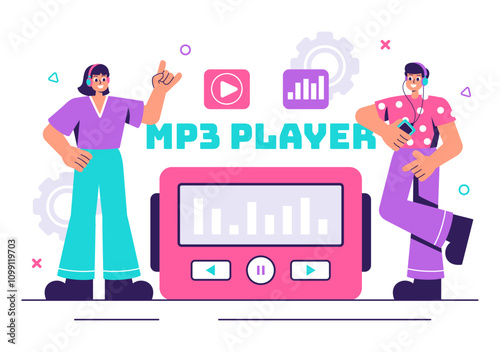 MP3 Player Vector Illustration featuring Musical Notations, Headphones, Headset, and Mobile App Devices for Music Listening on a Flat Background