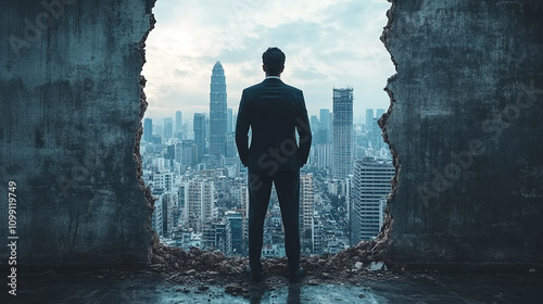 businessman stands with his back to the camera, facing a shattered glass window, symbolizing career setbacks, obstacles, and the courage to face adversity with determination and resilience