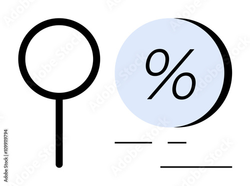 Magnifying glass beside a circle containing a percentage symbol. Ideal for data analysis, financial assessment, market research, investment planning, academic study, educational content, and business