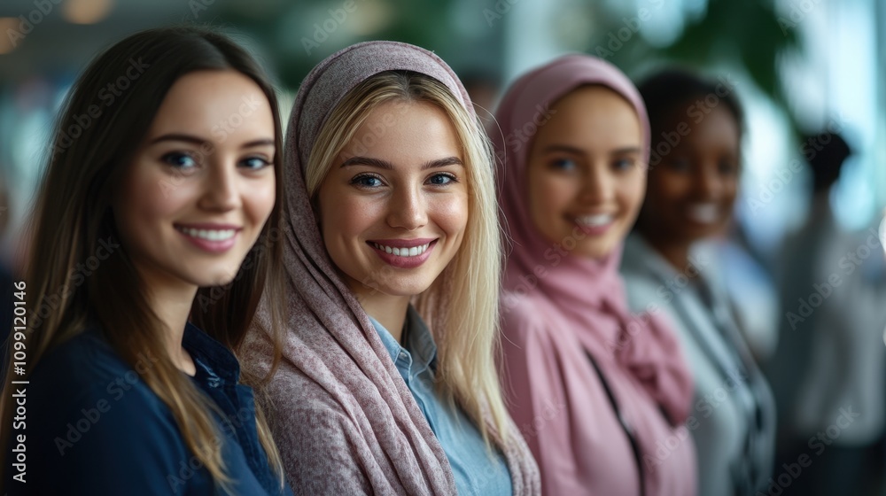 Fototapeta premium Diverse group of women smiling together in a modern setting, showcasing friendship, unity, and cultural diversity with elegant headscarves and joyful expressions