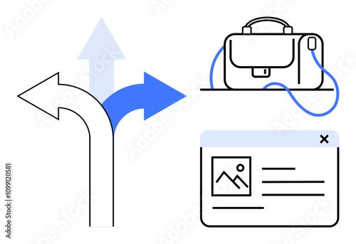 Briefcase with shoulder strap, three directional arrows representing choice, and browser window with image and text. Ideal for career decisions, navigation, online portfolios, job searching, decision