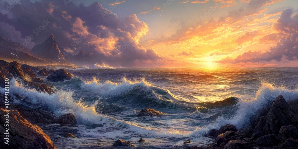 Fototapeta premium A rugged shoreline with waves crashing against jagged rocks. The first rays of sunlight peek over the horizon, illuminating sea foam and tidal pools