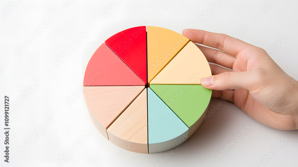 Fototapeta premium A colorful wooden pie chart toy with segments for educational play.