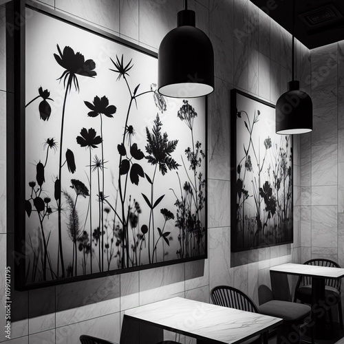 The walls are adorned with large scale photogram images capturin photo