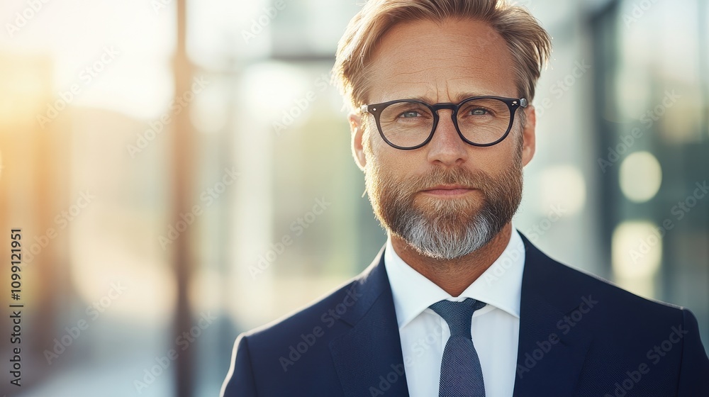 Fototapeta premium Confident businessman with glasses standing outdoors in modern office building, looking at camera, wearing suit, and displaying professional attitude