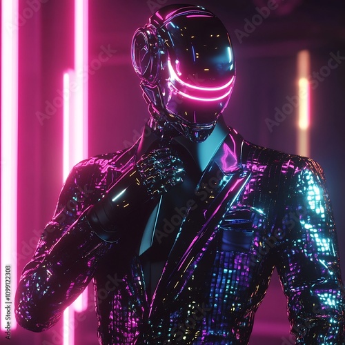 image of a cyberpunk inspired robot in a metallic disco suit adjusting its tie surrounded by vivid neon lights and reflective highly detailed surfaces in a futuristic technologically advanced setting