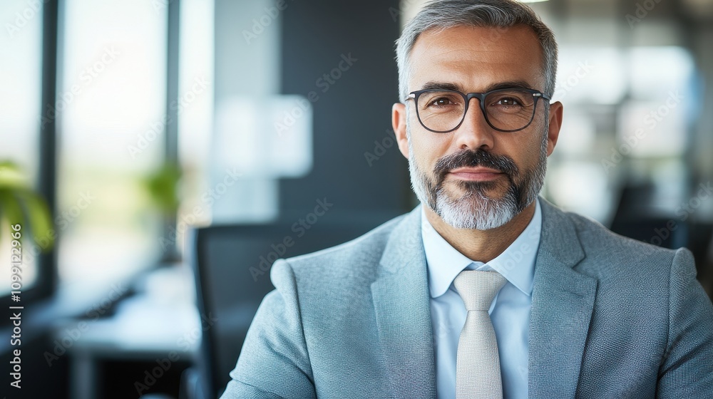 Fototapeta premium Confident middle-aged businessman with gray beard and glasses posing in modern office environment reflecting professional success and leadership qualities