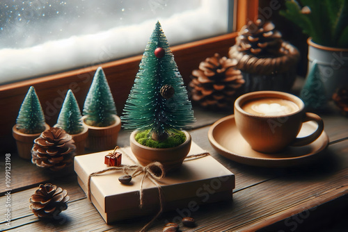 Creative image of aesthetic flat lay of hot coffee cup, wrapped presnt box,tiny pine tree with background closed window and winter photo