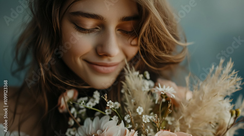 Modest beauty: Portrait of an overjoyed girl standing sideways, looking down, while holding a beautiful bouquet of flowers.