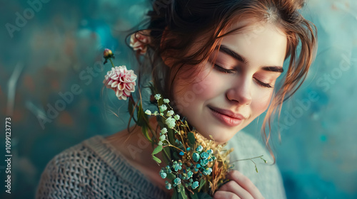 Modest beauty: Portrait of an overjoyed girl standing sideways, looking down, while holding a beautiful bouquet of flowers. photo