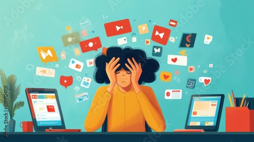 Frustrated woman dealing with overwhelming social media notifications and distractions while working remotely at her home office desk with digital devices