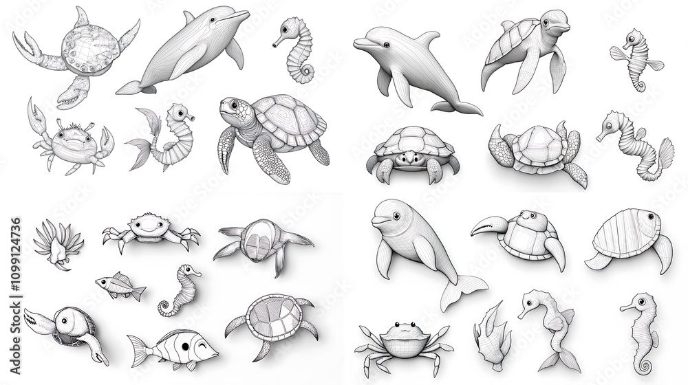 Fototapeta premium Adorable Ocean Animals Wireframe Sea Creatures Dolphins Turtles Crabs Seahorses