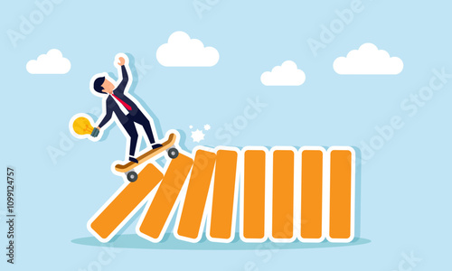 A businessman carrying a lamp rides a skateboard crashing into a row of blocks, illustration of tackling business problems by applying business ideas and innovations