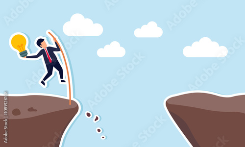 A businessman carrying a lamp tries to cross a gap using wood, illustration of solving business problems with ideas and innovations