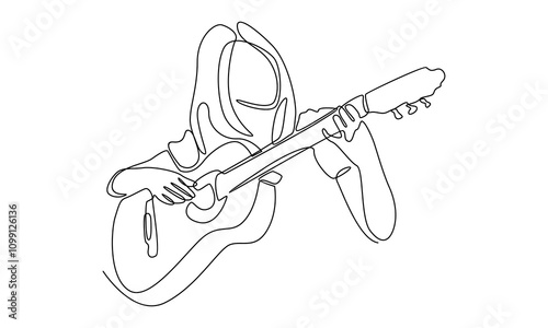 Continuous line of woman playing acoustic guitar