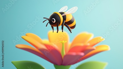 Cute Cartoon Bee Flying over Flower