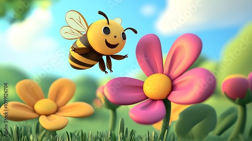 Cute Cartoon Bee Flying to Flower  Spring Nature Scene
