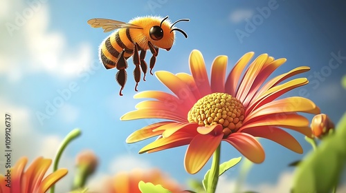 Cute Cartoon Bee Flying to Orange Flower  Sunny Day