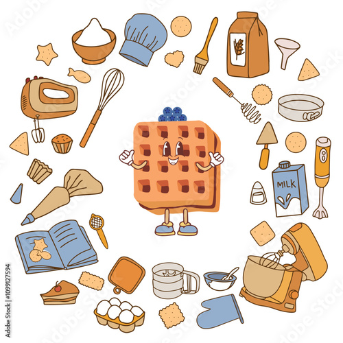 Colorful fashionable baking accessories collection. Set of kitchen utensils for cooking in doodle style on white background. Vector.