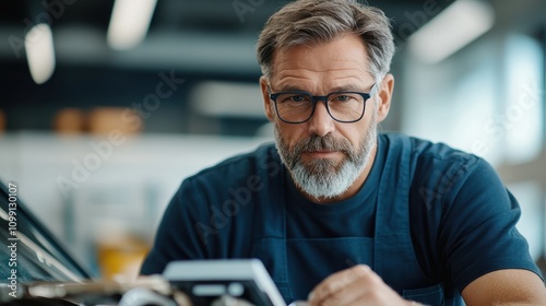 Thoughtful mature man with glasses and beard seated in workshop, engaged in craftsmanship, focused on tools and materials, creative workspace photo