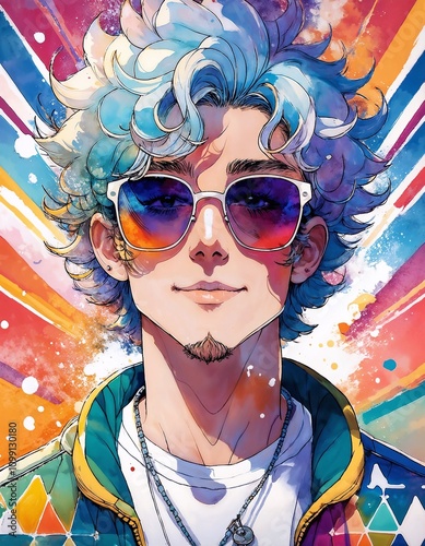 Vibrant Anime-Style Portrait of a Stylish Blue-Haired Man - 2 photo