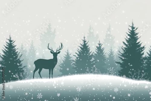 Vector illustration of an evergreen forest with falling snowflakes and a deer peeking through trees. Serene winter landscape in light green and white tones, perfect for Christmas card design.