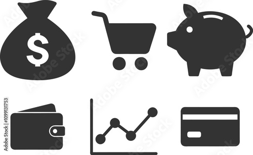 Finance silhouette icon set, Piggy Bank icon, Bar Chart icon, Credit Card icon, Wallet icon, Money Bag icon vector art