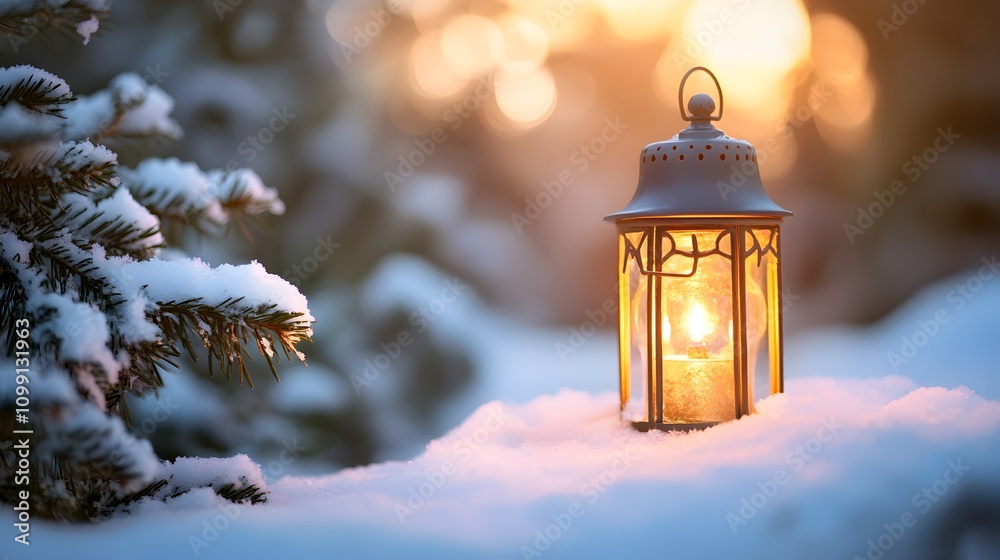 Naklejka premium Illuminated Lantern Rests in Snowy Winter Forest Scene