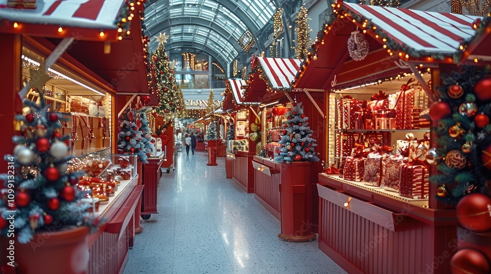Naklejka premium Christmas fair, mall interior, with red booths, with different Christmas items to sell, candies, hot chocolates, Christmas balls, booths, festive vibe, vivid color.