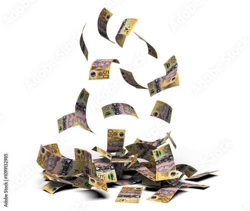 Falling Australian 50 dollar bills banknote transparent image 3d rendering, mette shadow ready