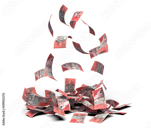 Falling Australian 20 dollar bills banknote transparent image 3d rendering, mette shadow ready