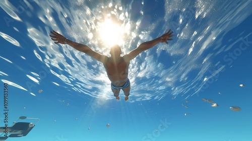 Wallpaper Mural Vibrant 3D cartoon depiction of an energetic swimmer diving playfully into a refreshing pool creating a dynamic water splash Torontodigital.ca