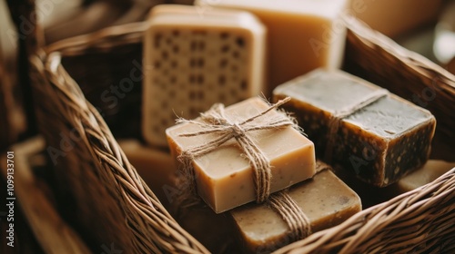 Natural Handmade Soap in Rustic Basket Display photo