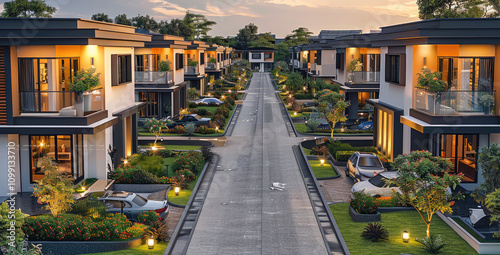 A residential township with a gated society. Each home is a single-story structure with flat roof. The homes are arranged symmetrically along clean, well-lit pathways. a small green area with a lawn.