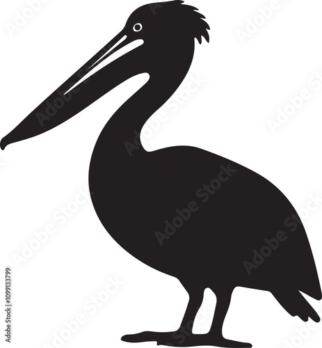 Illustration of a silhouette icon of a pelican perched, with its large beak and distinctive shape clearly outlined