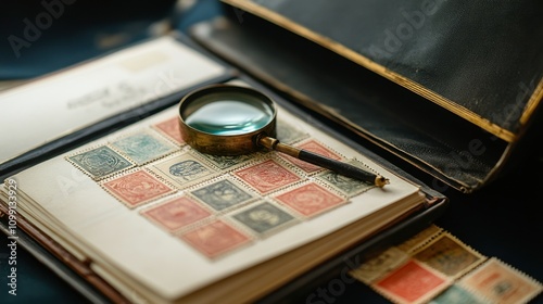 Vintage Stamp Collection with Magnifying Glass