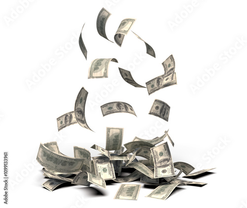 Falling 100 us dollar bills banknote transparent image 3d rendering, mette shadow ready