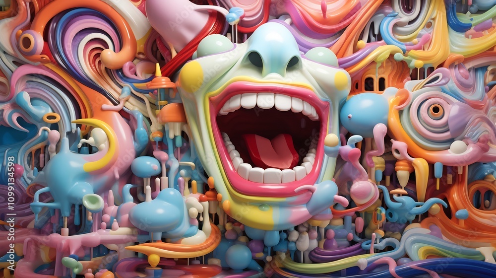 Fototapeta premium A captivating 3D cartoon art gallery filled with vibrant and imaginative abstract paintings and sculptures offering a visually striking and creative display
