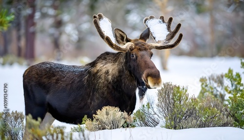 Snow-Covered Antlers of a Bull Moose in a Winter Landscape photo