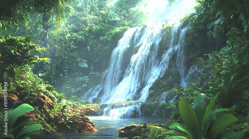 Secret waterfall sanctuary hidden in an ancient glowing jungle
 photo