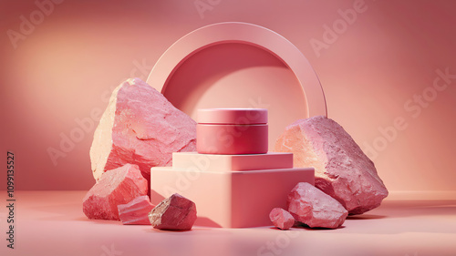 abstract minimalistic pink podium background. There is a stage showcase for a cosmetic product pedestal There are pink plants, pink naturals,pink rocks, around the podium. photo