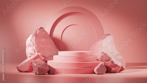 abstract minimalistic pink podium background. There is a stage showcase for a cosmetic product pedestal There are pink plants, pink naturals,pink rocks, around the podium. photo