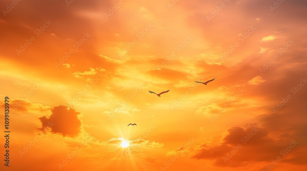 Fototapeta premium Beautiful landscape sunset sky filled orange yellow hues Fiery Dramatic
