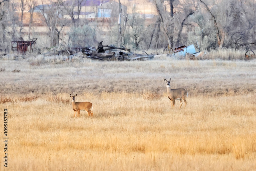 Obraz premium Two White-tailed Deer standing in field