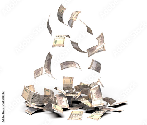Falling indian 500 rupee banknote transparent image 3d rendering, mette shadow ready