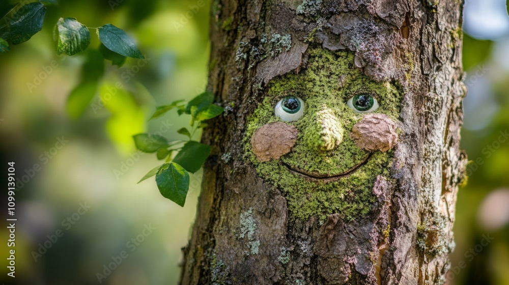 Obraz premium Smiling tree face in a lush green forest. Nature's art!