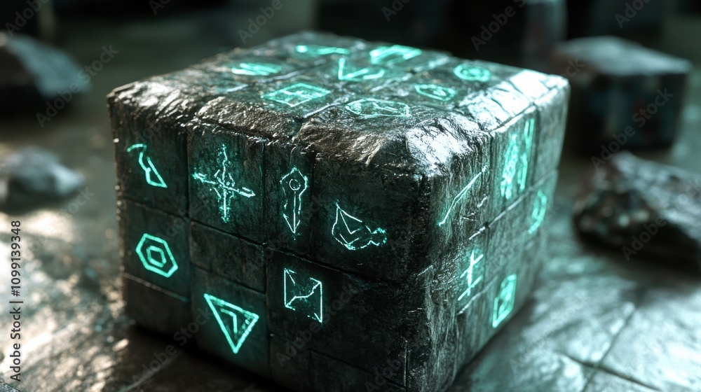 Obraz premium Glowing Symbols on a Mysterious Stone Cube